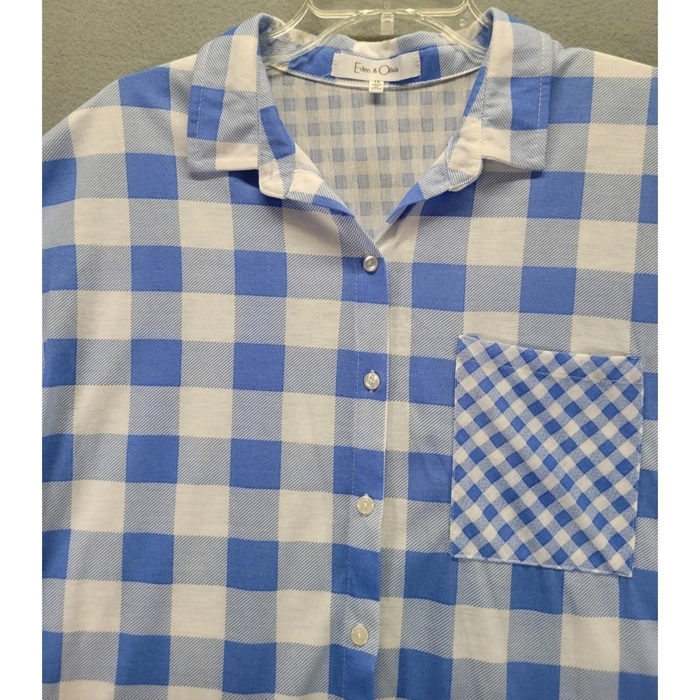 Eden & Olivia Womens Shirt Plaid Checkered Button Up Womens 1X Blue White Blouse